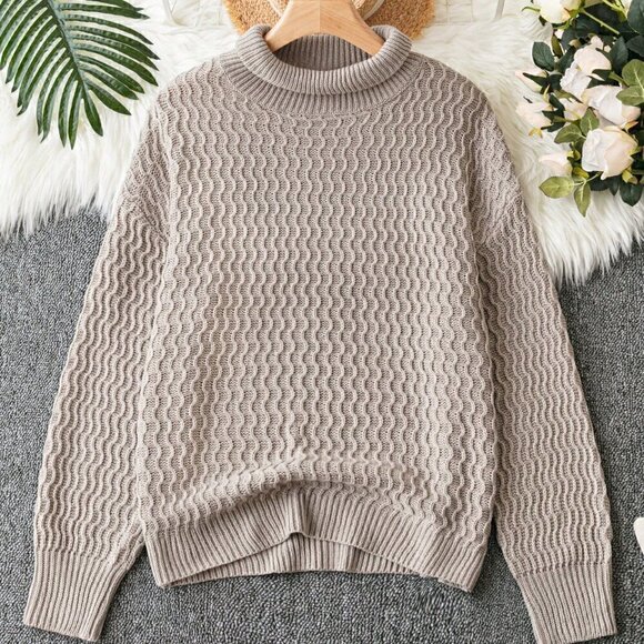 Mocha Brown Casual Womens Turtleneck Drop Shoulder Sweater - Picture 1 of 5